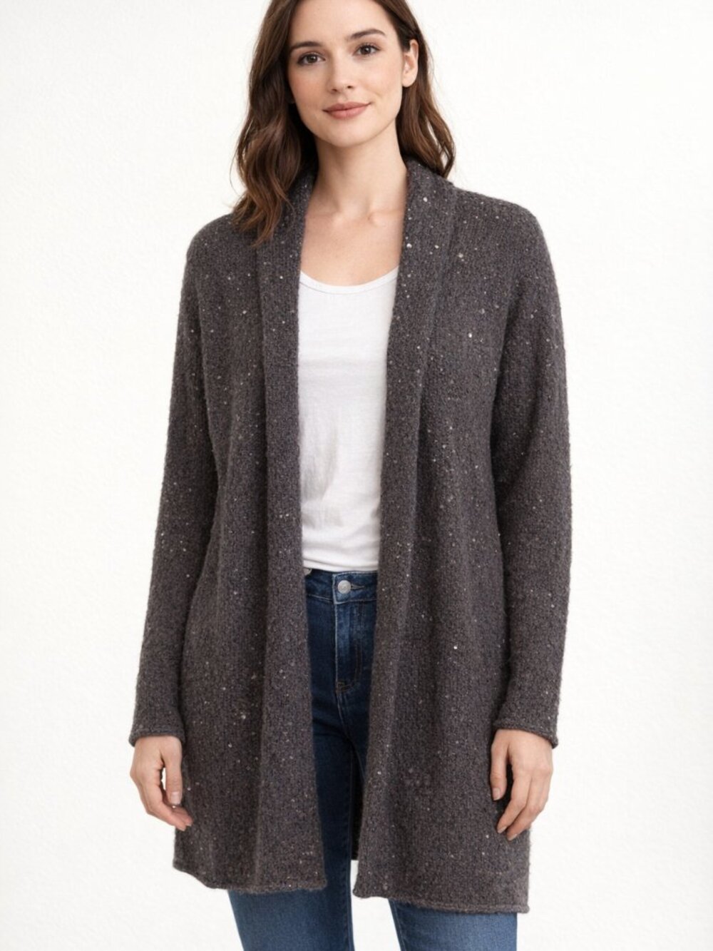 J. Jill Black Open-Front Sequin Knit Mohair blend Cardigan